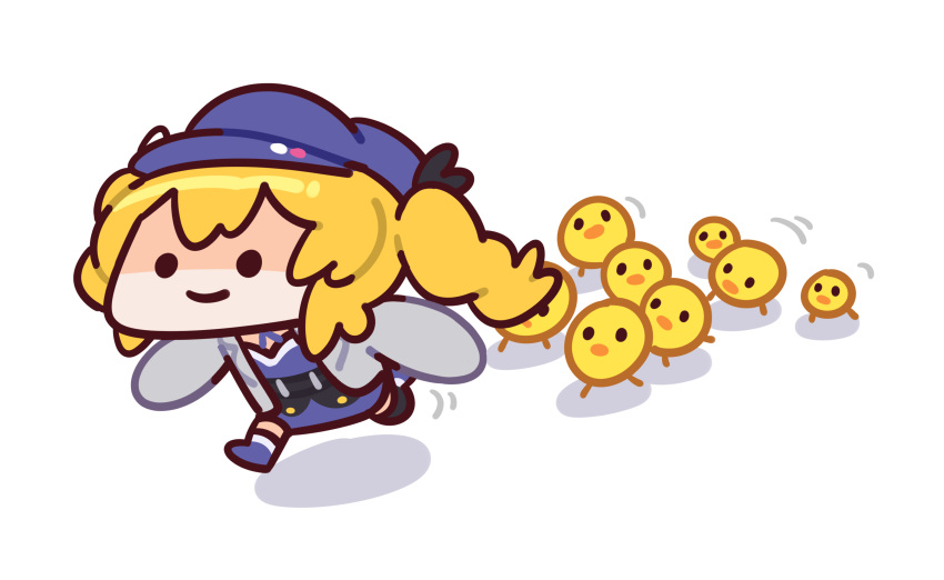1girl absurdres bird blonde_hair blue_footwear blue_headwear chasing chibi chick closed_mouth commentary dokibird_(vtuber) highres indie_virtual_youtuber jacket keenbiscuit light_smile long_hair running shadow simple_background solid_oval_eyes symbol-only_commentary white_background white_jacket