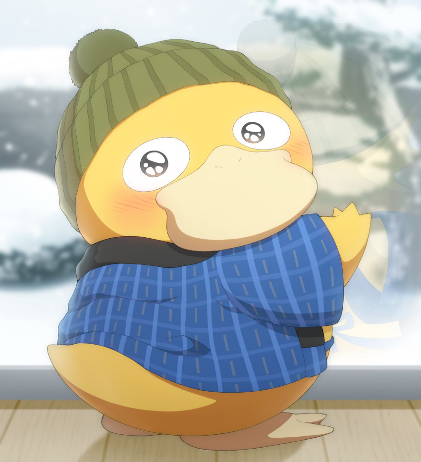 animal_focus beanie blue_shirt blurry blurry_background blush clothed_pokemon colored_skin commentary_request green_headwear hat highres looking_back monaka_(hc_pkmn) no_humans outdoors pokemon pokemon_(creature) psyduck shirt snow standing yellow_skin