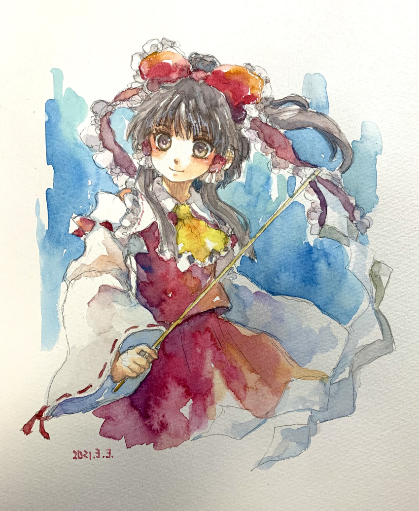 1girl absurdres ascot bare_shoulders blue_background bow breasts brown_hair dated detached_sleeves frilled_ascot frilled_bow frilled_hair_tubes frills gohei hair_bow hair_tubes hakurei_reimu head_tilt highres holding holding_gohei light_smile medium_hair one-hour_drawing_challenge painting_(medium) red_bow red_ribbon red_shirt red_skirt ribbon ribbon-trimmed_sleeves ribbon_trim shiroma_(mamiko) shirt simple_background skirt small_breasts solo touhou traditional_media watercolor_(medium) white_background yellow_ascot