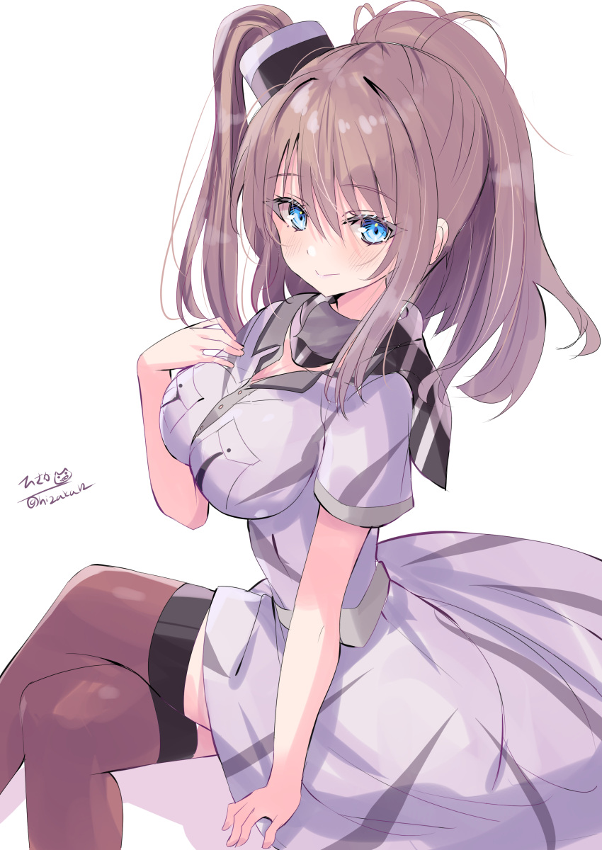1girl absurdres anchor blue_eyes breast_pocket breasts brown_hair dress hair_between_eyes hair_ornament high_side_ponytail highres hizaka kantai_collection large_breasts long_hair looking_at_viewer neckerchief pocket ponytail red_neckerchief red_thighhighs saratoga_(kancolle) side_ponytail signature sitting smile smokestack smokestack_hair_ornament solo thigh-highs white_background white_dress