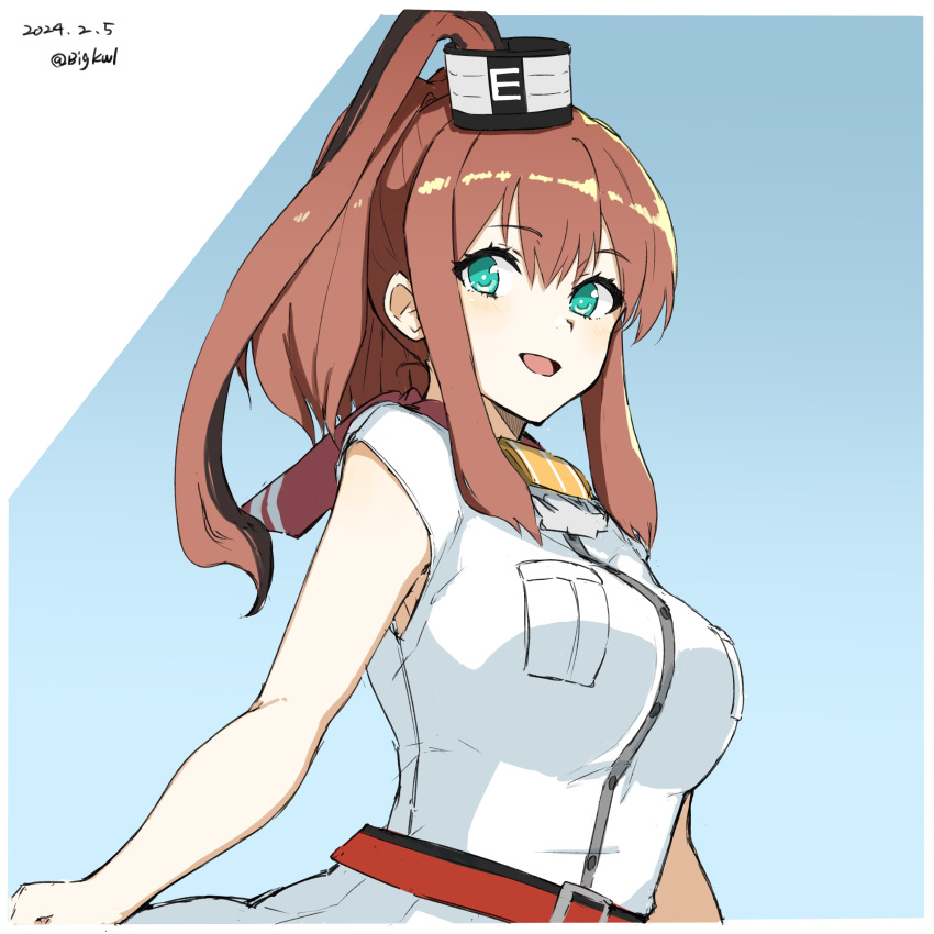 1girl absurdres belt bigkwl blue_eyes breast_pocket breasts brown_hair cowboy_shot dated dress hair_between_eyes high_side_ponytail highres kantai_collection large_breasts long_hair looking_at_viewer one-hour_drawing_challenge pocket ponytail red_belt red_scarf saratoga_(kancolle) scarf side_ponytail smile smokestack_hair_ornament solo twitter_username white_dress