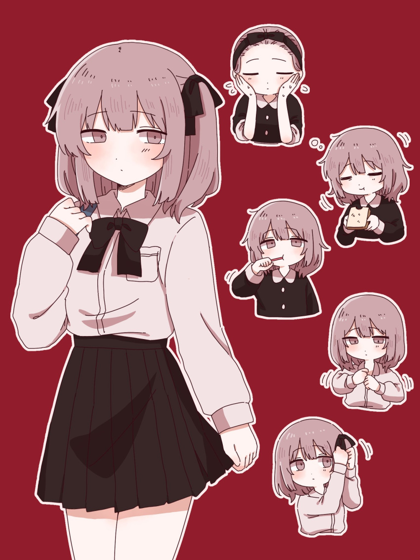 1girl adipocere_(vocaloid) black_hairband black_ribbon black_shirt blush bread bread_slice breast_pocket brown_eyes brown_hair brushing_teeth chibi chibi_inset dot_mouth dress_shirt dressing eating food hair_ribbon hairband half-closed_eyes hand_up highres long_sleeves looking_at_viewer medium_hair messy_hair multiple_views neck_ribbon pajamas pleated_skirt pocket progression red_background ribbon shirt shirt_tucked_in simple_background skirt skirt_hold sleep_bubble sleepy toast two_side_up tying_hair vocaloid zako_(zakodayo00)