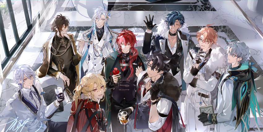 6+boys :d ;d ^_^ absurdres alhaitham_(genshin_impact) alternate_costume alternate_hairstyle aqua_cape aqua_coat aqua_hair asymmetrical_bangs belt_buckle black_cape black_choker black_coat black_gloves black_hair black_jacket black_pants black_robe black_shirt black_suit black_vest blonde_hair blue_eyes blue_hair blue_necktie book bow bowtie braid brooch brown_jacket buckle cape champagne_flute changpao chinese_clothes choker closed_eyes closed_mouth coat coat_on_shoulders collared_shirt commentary cowboy_shot cowlick cuff_links cup curtains dangle_earrings dark-skinned_male dark_skin day diluc_(genshin_impact) dress_shirt drinking_glass ear_piercing earrings english_commentary expressionless eyepatch facing_viewer feather_hair_ornament feathers floral_print flower formal frilled_shirt_collar frills fur-trimmed_cape fur-trimmed_coat fur_trim genshin_impact gloves gradient_clothes green_eyes grey_bow grey_bowtie grey_cape grey_hair grey_pants grin hair_between_eyes hair_flaps hair_ornament hair_over_shoulder hand_on_another's_shoulder highres holding holding_book holding_cup holding_flower holding_smoking_pipe indoors jacket jacket_on_shoulders jacket_over_shoulder jewelry kaeya_(genshin_impact) kamisato_ayato kaveh_(genshin_impact) lapel_pin lapels light_blue_hair light_smile long_hair long_sleeves looking_at_viewer looking_to_the_side low_ponytail male_focus marble_floor medium_hair mole mole_under_mouth monocle mors_gn multicolored_hair multiple_boys neck_ribbon necklace necktie neuvillette_(genshin_impact) notched_lapels one_eye_closed open_collar orange_hair pants parted_lips partially_unbuttoned piercing pocket_square pointy_ears purple_ribbon red_eyes red_flower red_rose red_shirt redhead ribbon robe rose scar scar_on_arm scar_on_neck shawl_lapels shirt short_hair short_ponytail side_cape sidelocks sideways_glance single_braid sitting sleeve_cuffs sleeve_garter smile smoking_pipe standing stole streaked_hair stud_earrings suit suit_jacket suspenders tartaglia_(genshin_impact) thumb_ring traditional_bowtie transparent_curtains unworn_jacket upper_body vest violet_eyes w water waving white_coat white_hair white_jacket white_pants white_shirt white_suit window wriothesley_(genshin_impact) zhongli_(genshin_impact)