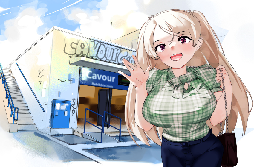 1girl blue_pants blue_sky breasts brown_eyes clouds commentary_request conte_di_cavour_(kancolle) day denim green_shirt grey_hair highres igarashi_mangou jeans kantai_collection large_breasts long_hair name_connection object_namesake outdoors pants plaid plaid_shirt shirt sky solo stairs two_side_up waving