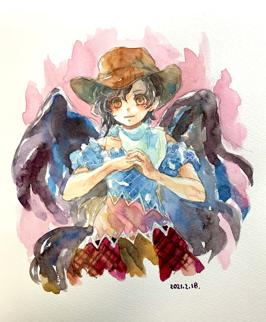 1girl absurdres black_hair black_wings blue_shirt brown_eyes brown_headwear cowboy_hat cowboy_shot dated feathered_wings hat head_tilt highres kurokoma_saki looking_at_viewer medium_hair one-hour_drawing_challenge own_hands_together painting_(medium) pink_background red_skirt shiroma_(mamiko) shirt short_sleeves simple_background skirt solo touhou traditional_media watercolor_(medium) white_background wings
