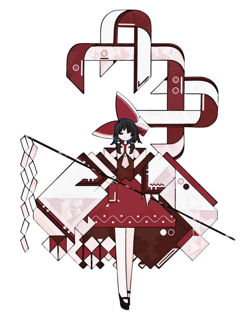 1girl absurdres adapted_costume bare_shoulders black_footwear black_hair bow closed_mouth detached_sleeves floating_clothes full_body gohei hair_bow hair_over_one_eye hair_tubes hakurei_reimu harano_kaguyama highres holding holding_gohei legs_together long_hair long_sleeves looking_at_viewer mary_janes necktie one_eye_covered red_bow red_skirt red_vest ribbon shoes sidelocks simple_background skirt solo standing straight-on touhou vest white_background