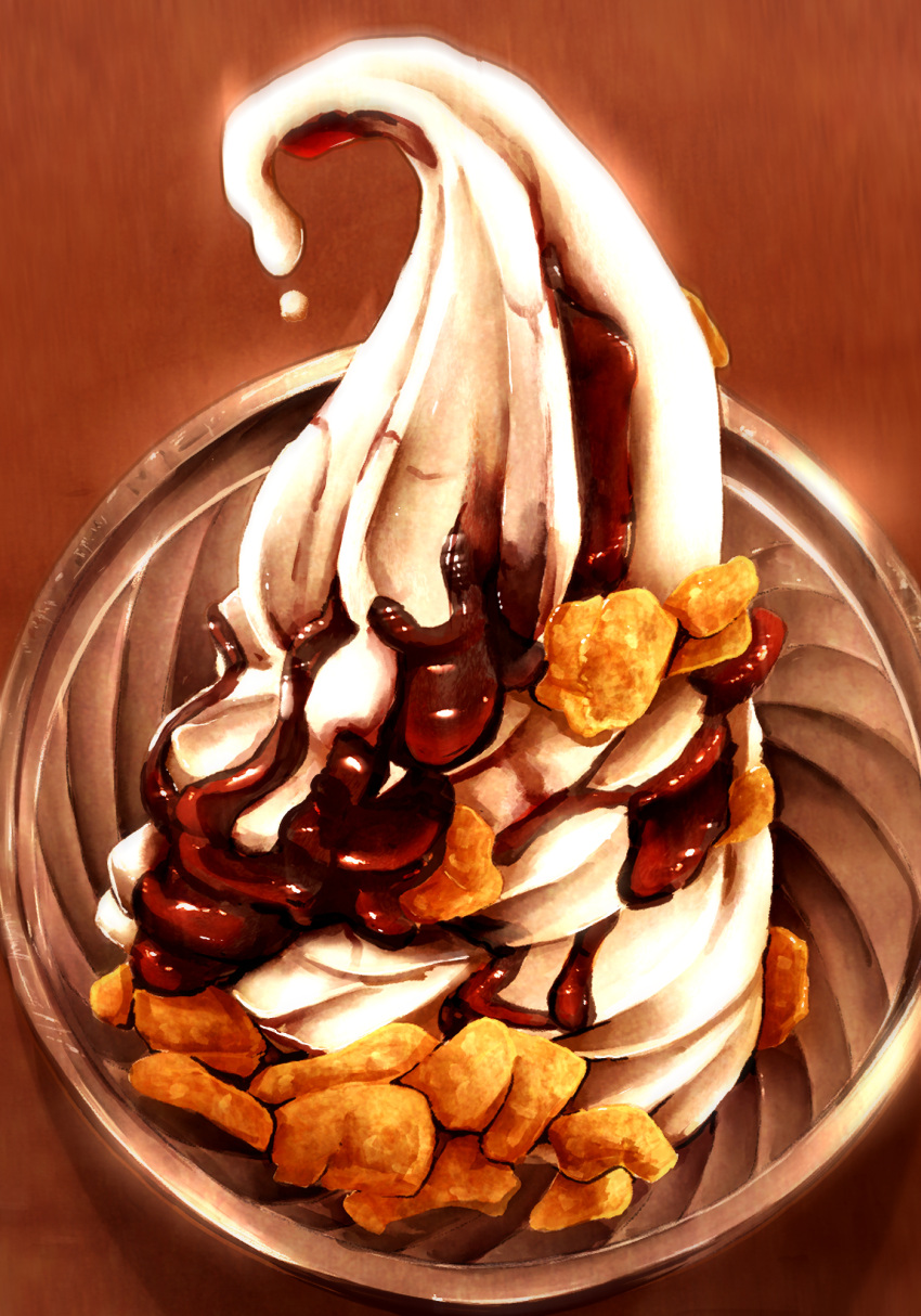 chocolate_syrup food food_focus highres ice_cream kaneko_ryou no_humans nut_(food) original simple_background soft_serve still_life