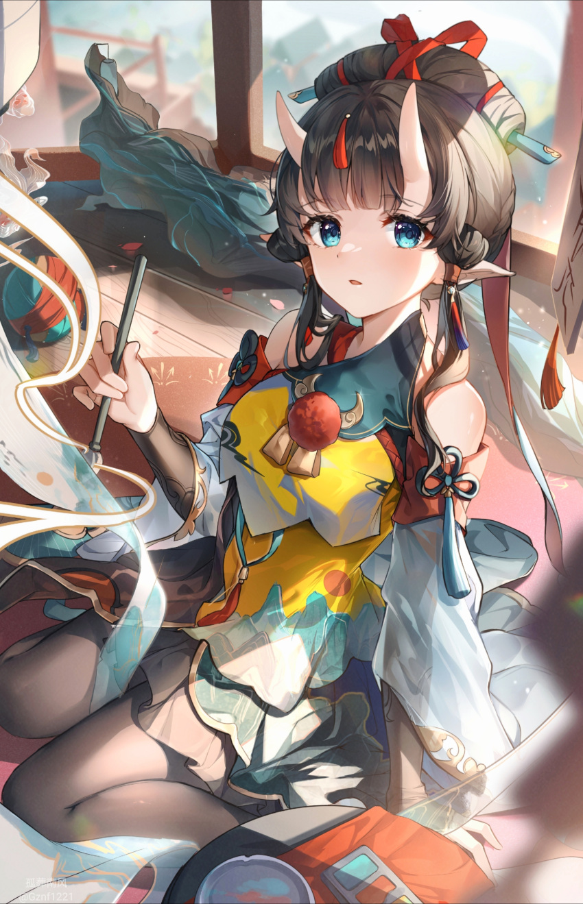 1girl absurdres bare_shoulders black_pantyhose blue_eyes blurry brown_hair chinese_clothes depth_of_field dress earrings guzangnanfeng hair_ornament highres horns jewelry layered_clothes multicolored_clothes open_mouth original paintbrush pantyhose pointy_ears red_ribbon ribbon short_dress sidelocks sitting skin-covered_horns tassel tassel_earrings tassel_hair_ornament wariza wide_sleeves
