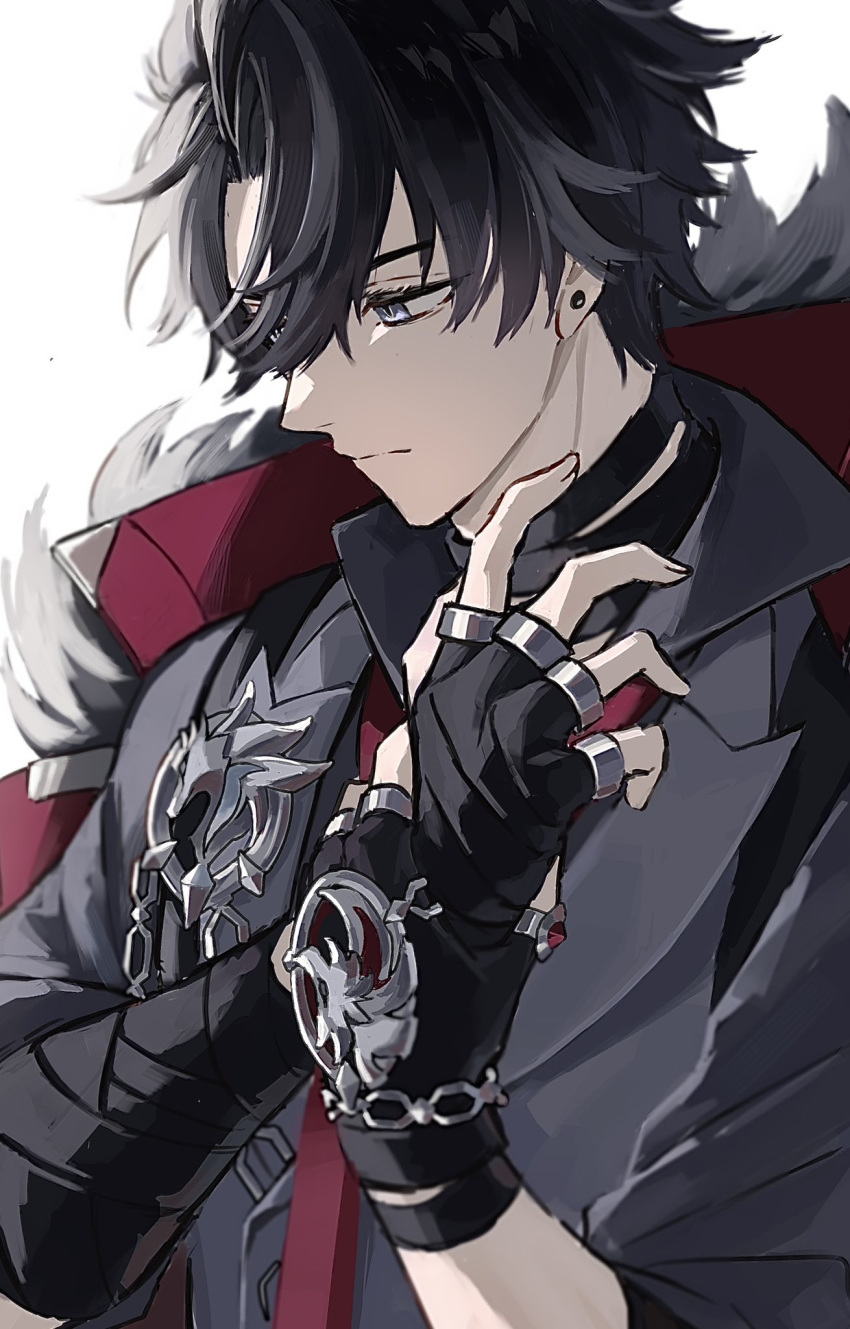 1boy bandaged_arm bandaged_neck bandages black_gloves black_hair black_shirt chain closed_mouth coat coat_on_shoulders collared_shirt commentary_request earrings fingerless_gloves frown fur-trimmed_coat fur_trim genshin_impact gloves grey_hair grey_vest hair_between_eyes highres jewelry lapels looking_down male_focus misaki_(mskmmti) multicolored_hair necktie parted_bangs red_necktie shirt short_hair short_sleeves simple_background solo streaked_hair stud_earrings upper_body vest violet_eyes white_background wriothesley_(genshin_impact)