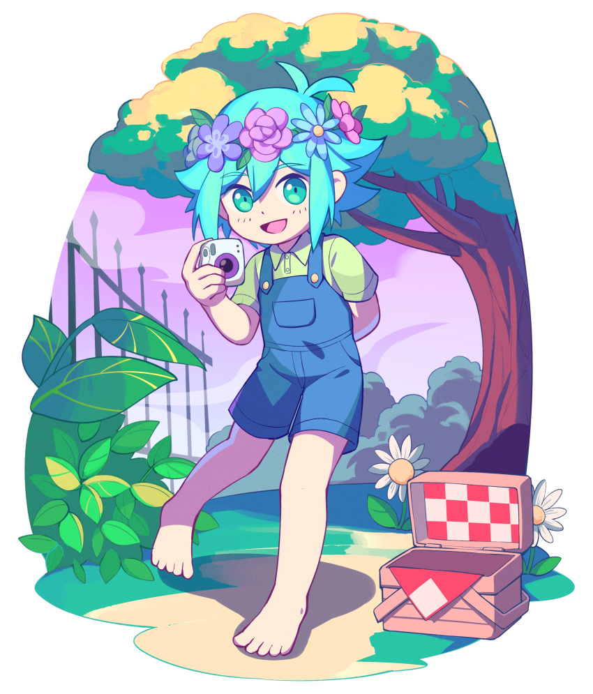 1boy absurdres basil_(headspace)_(omori) basil_(omori) blue_overalls blush brick_st camera day fence flower green_eyes green_hair green_shirt head_wreath highres holding holding_camera looking_at_viewer omori open_mouth outdoors overall_shorts overalls picnic_basket shirt short_hair short_sleeves smile solo tree