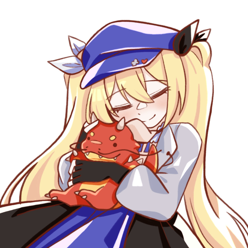 1girl bea_(squidbols) black_ribbon blonde_hair blush closed_eyes closed_mouth commentary dokibird_(vtuber) english_commentary facing_viewer hair_between_eyes hair_ribbon highres holding holding_stuffed_toy hugging_object indie_virtual_youtuber long_hair long_sleeves ribbon simple_background smile split_mouth stuffed_animal stuffed_dragon stuffed_toy twintails upper_body very_long_hair virtual_youtuber white_background white_ribbon