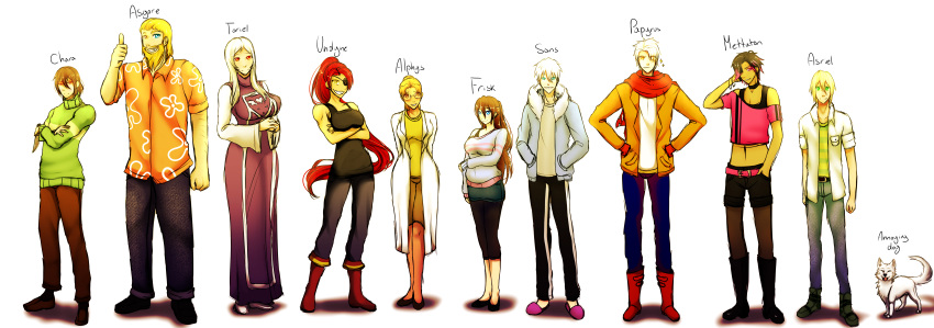 4girls 6+boys absurdres aged_up alphys annoying_dog asgore_dreemurr asriel_dreemurr beard black_footwear black_hair black_pants blonde_hair blue_eyes blue_jacket blue_sweater breasts brothers brown_hair brown_pants chara_(undertale) closed_labcoat commentary crossed_arms dog eyepatch facial_hair frazie202 frisk_(undertale) frown gloves green_eyes green_sweater grey_pants grin hair_over_one_eye hand_on_own_arm highres holding holding_knife hood hooded_jacket hoodie humanization jacket knife laboratory large_breasts long_hair long_sleeves medium_breasts mettaton multiple_boys multiple_girls navel pants papyrus_(undertale) ponytail red_eyes red_footwear red_gloves redhead sans scarf shirt shoes short_hair shorts siblings slippers smile striped_clothes striped_shirt striped_sweater sweater thumbs_up toriel two-tone_sweater undertale undyne very_long_hair white_dog white_hair yellow_eyes