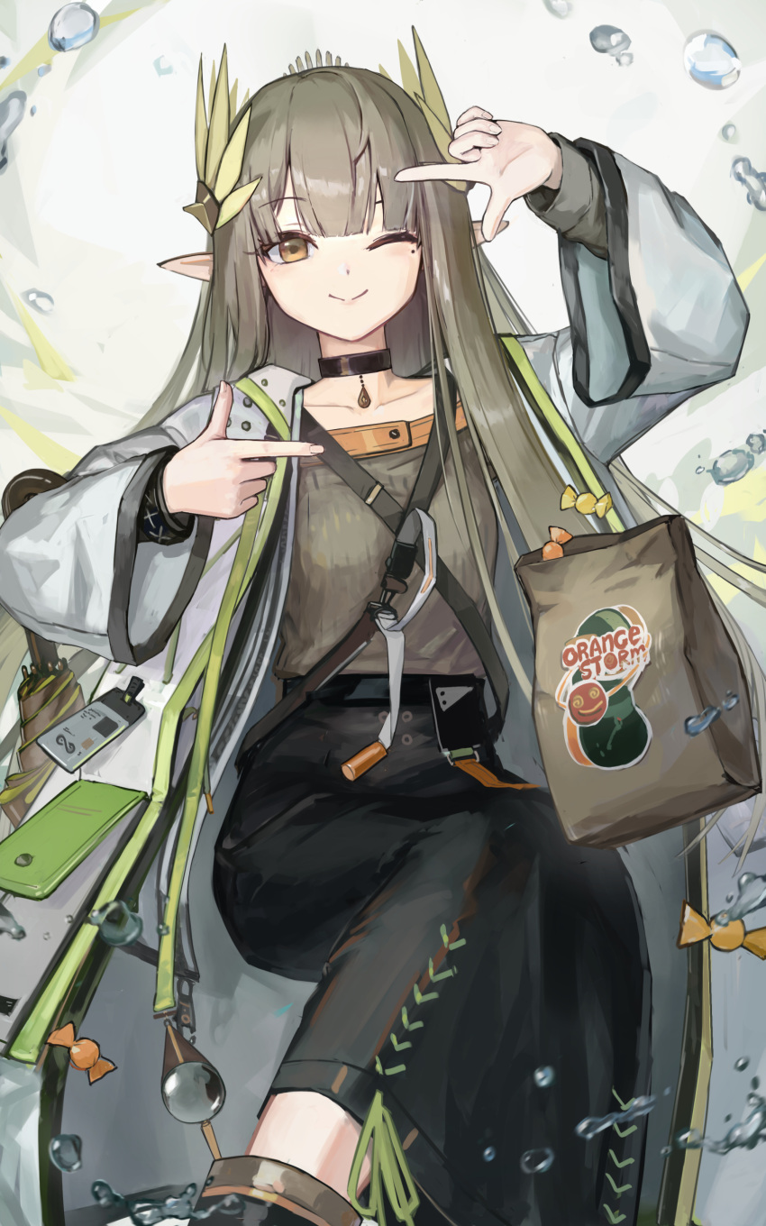 1girl absurdres arknights black_choker black_skirt brown_bag brown_eyes brown_hair brown_shirt candy choker closed_mouth coat commentary_request elf finger_frame food hands_up highres lab_coat laurel_crown laurels long_sleeves looking_at_viewer mole mole_under_eye muelsyse_(arknights) one_eye_closed open_clothes open_coat paserin_ekaku pointy_ears shirt skirt smile solo water_drop white_coat wrapped_candy