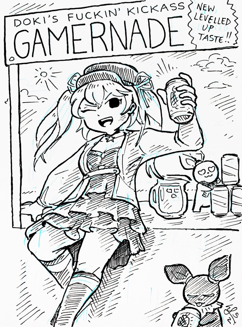 1girl can choker commentary cropped_jacket dokibird_(vtuber) dress english_commentary english_text feet_out_of_frame greyscale hand_up hat highres holding holding_can indie_virtual_youtuber jacket layered_dress long_sleeves looking_at_viewer monochrome one_eye_closed open_clothes open_jacket open_mouth short_dress smile solo standing standing_on_one_leg star_(symbol) star_choker twintails virtual_youtuber william_leonard