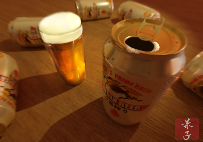 alcohol beer beer_can can cup drink drink_can drinking_glass food food_focus highres kaneko_ryou no_humans original shadow still_life table