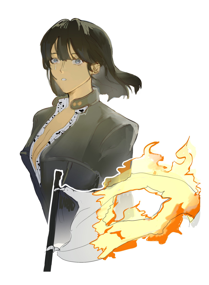 1girl black_dress black_hair blue_eyes blunt_bangs burning commentary depcial dress english_commentary flag highres leather_dress looking_to_the_side medium_hair nico_robin one_piece simple_background solo upper_body white_background
