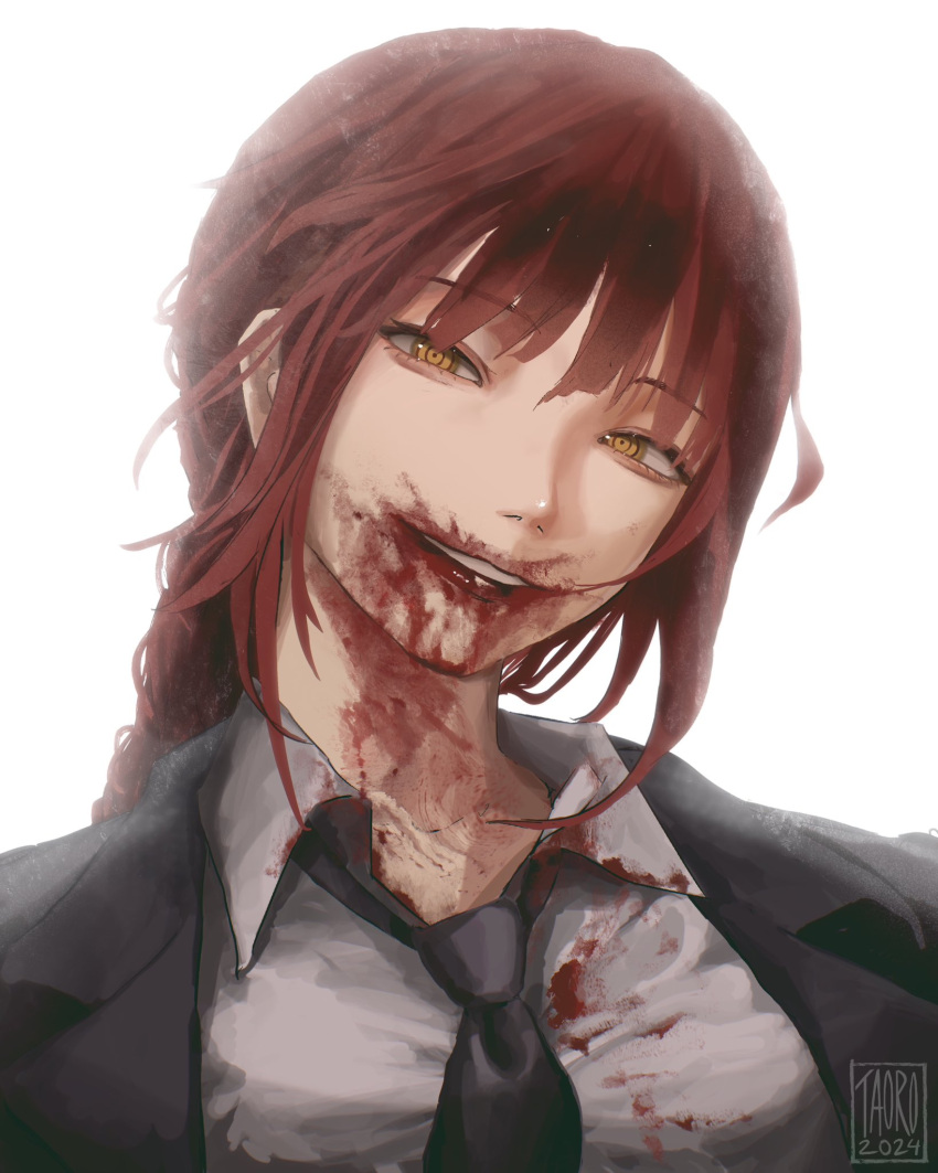 1girl artist_name backlighting black_jacket black_necktie blood blood_on_clothes blood_on_face bloom breasts chainsaw_man close-up collared_shirt commentary dated dress_shirt english_commentary grin hair_between_eyes half-closed_eyes head_tilt highres jacket lapels lips long_hair looking_at_viewer low_ponytail makima_(chainsaw_man) medium_breasts necktie notched_lapels open_clothes open_jacket parted_lips partially_unbuttoned ponytail portrait redhead ringed_eyes shadow shirt sidelocks signature simple_background smile solo taorotana teeth white_background white_shirt wing_collar yellow_eyes