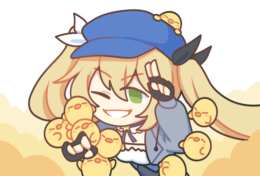 1girl baseball_cap black_gloves blonde_hair blue_headwear chibi commentary dokibird_(vtuber) english_commentary fingerless_gloves gloves green_eyes grey_jacket grin hair_between_eyes hat indie_virtual_youtuber jacket long_hair long_sleeves looking_at_viewer namelessakikaze one_eye_closed salute smile solo teeth twintails two-finger_salute upper_body very_long_hair virtual_youtuber yellow_bird