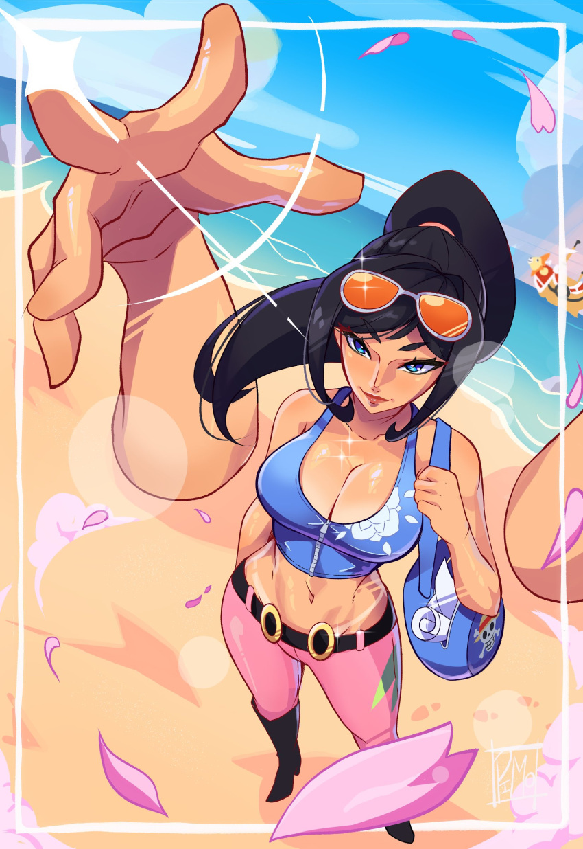 1girl absurdres bag beach belt black_hair blue_eyes boots clouds commentary english_commentary extra_arms eyewear_on_head from_above full_body highres one_piece pants petals pimozzarella pink_pants ponytail sidelocks sky smile solo thousand_sunny
