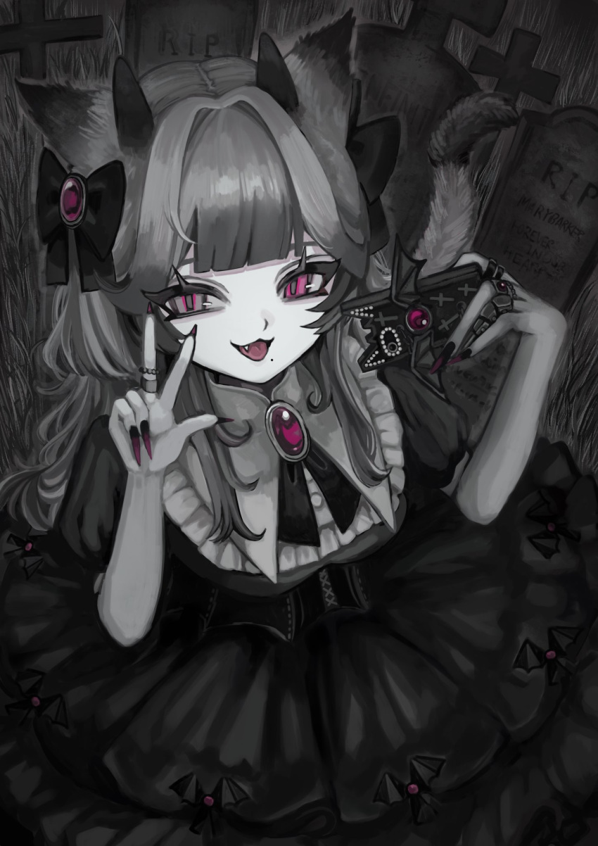 1girl :3 animal_ears bat_ornament bow brooch cat_ears cat_tail cellphone commentary cowboy_shot demon_horns dress english_commentary fang fingernails graveyard greyscale hair_bow hair_intakes hands_up highres holding holding_phone horns jewelry long_fingernails long_hair looking_at_viewer mole mole_under_mouth monochrome multiple_rings nail_polish open_mouth original ornate_ring outdoors phone puffy_short_sleeves puffy_sleeves purple_nails revision ring shiona_(siona0625) short_sleeves smartphone smile solo spot_color tail tombstone violet_eyes w