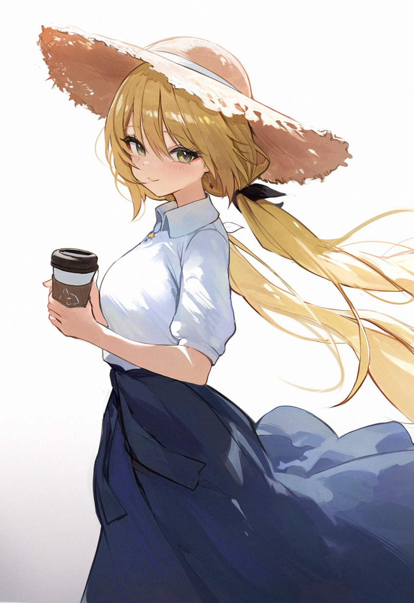1girl blonde_hair blush breasts closed_mouth cup dokibird_(vtuber) dress earrings green_eyes hair_ribbon hat highres holding holding_cup indie_virtual_youtuber jewelry koahri long_hair looking_at_viewer ribbon shirt simple_background skirt solo standing sun_hat virtual_youtuber white_background white_shirt