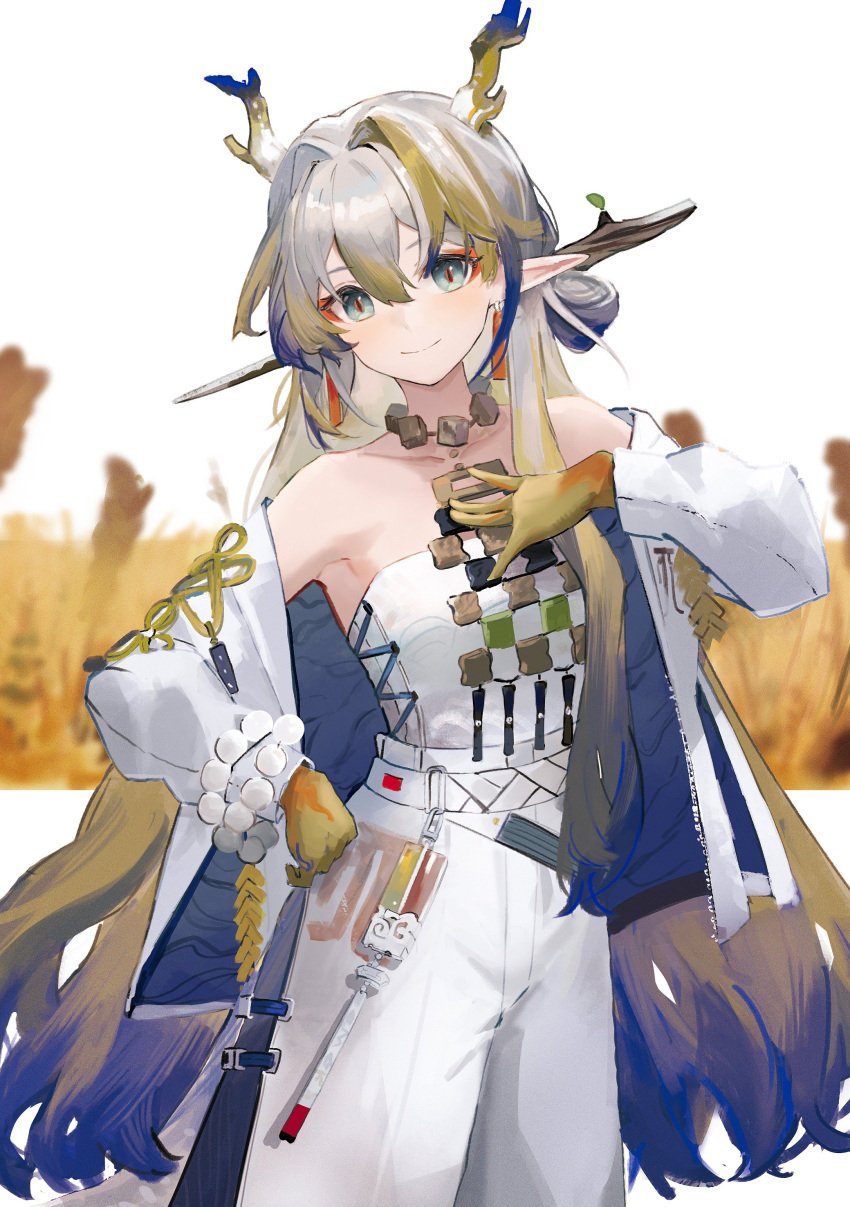 1girl absurdres arknights bare_shoulders bead_bracelet beads blue_hair bracelet choker closed_mouth collarbone colored_skin colored_tips commentary_request dragon_girl dragon_horns earrings ema_(kuguiema) green_hair grey_eyes grey_hair hand_on_own_chest hand_on_own_hip highres horns jacket jewelry long_hair long_sleeves looking_at_viewer multicolored_hair off_shoulder open_clothes open_jacket pants pointy_ears shirt shu_(arknights) smile solo strapless strapless_shirt tassel tassel_earrings very_long_hair white_jacket white_pants white_shirt