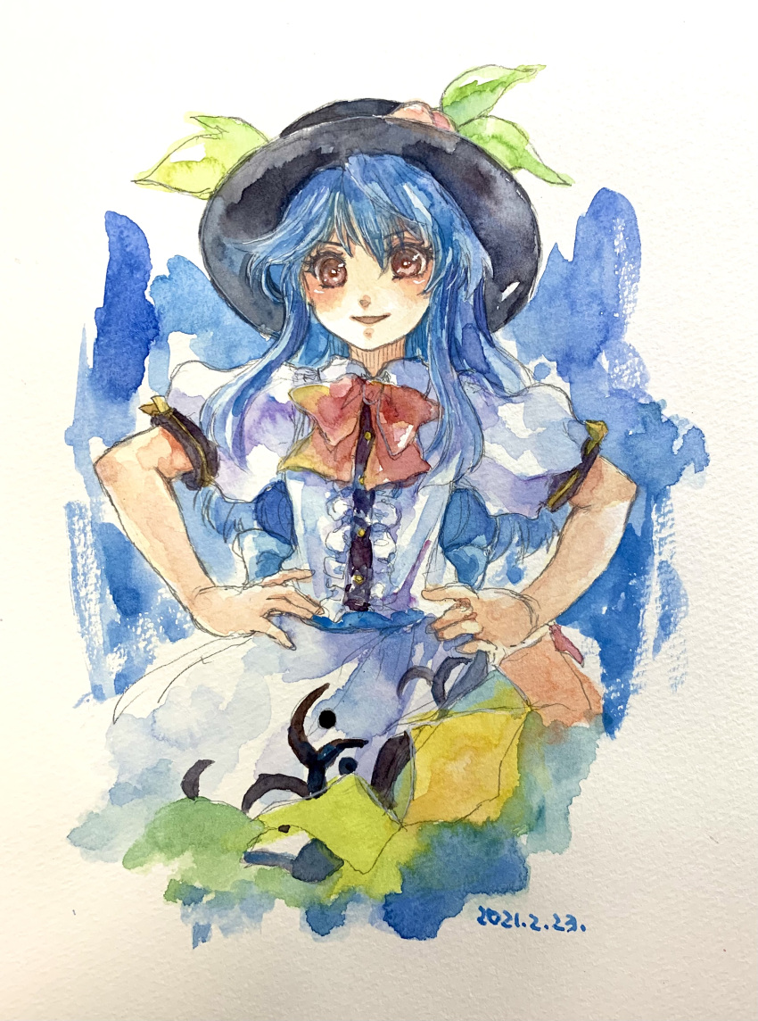 1girl absurdres apron black_headwear blue_background blue_hair bow bowtie buttons center_frills collared_shirt cowboy_shot dated frills hair_between_eyes hands_on_own_hips hat highres hinanawi_tenshi leaf_hat_ornament long_hair looking_at_viewer one-hour_drawing_challenge open_mouth painting_(medium) peach_hat_ornament puffy_short_sleeves puffy_sleeves red_bow red_bowtie red_eyes shiroma_(mamiko) shirt short_sleeves simple_background solo touhou traditional_media v-shaped_eyebrows watercolor_(medium) white_apron white_background white_shirt