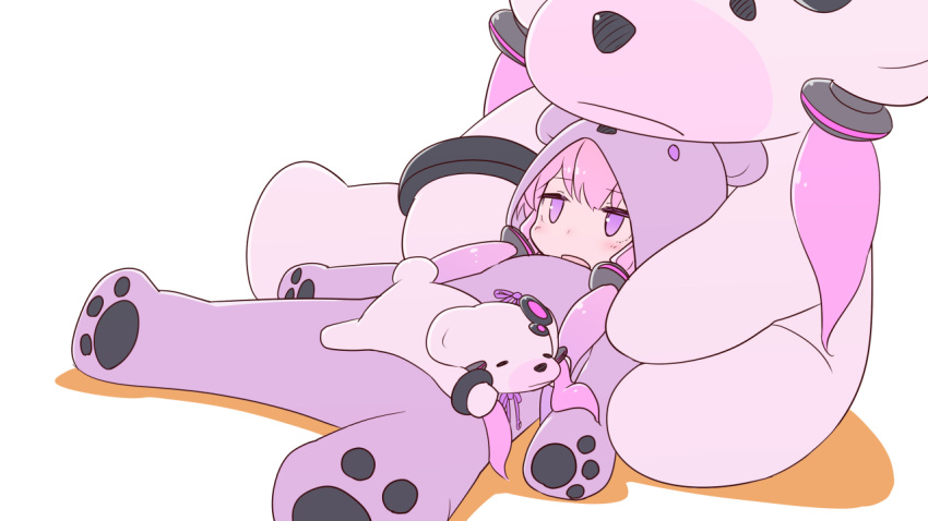 1girl alternate_costume animal_costume bear_costume blush colored_shadow commentary_request full_body jitome large_teddy_bear lying on_back open_mouth pink_hair shadow simple_background solo stuffed_animal stuffed_toy teddy_bear violet_eyes vocaloid voiceroid white_background yamadori_seika yuzuki_yukari