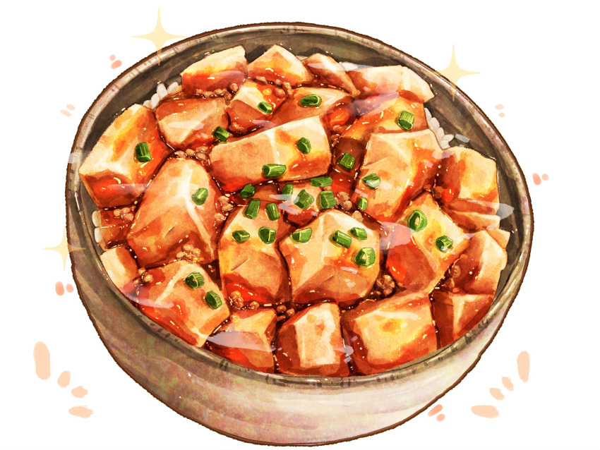 bowl food food_focus highres kaneko_ryou mapo_tofu no_humans original simple_background sparkle still_life tofu white_background