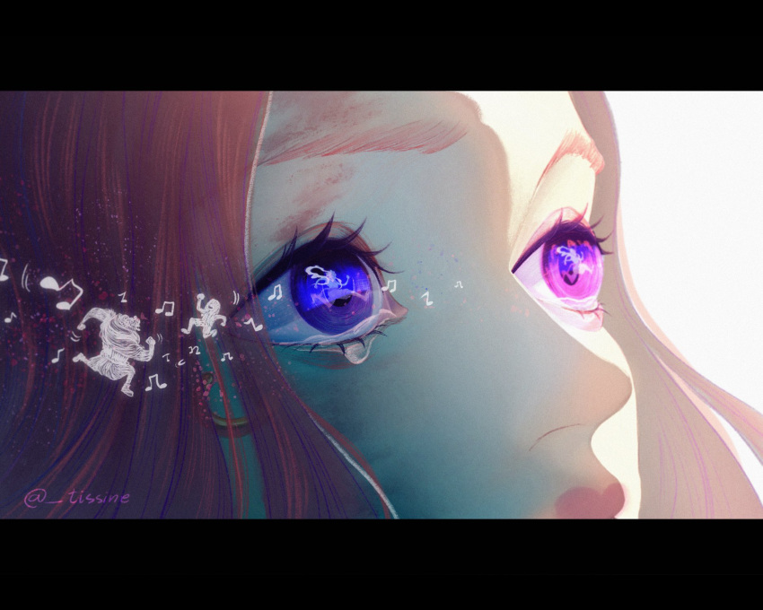 bartholomew_kuma blue_eyes close-up dancing eye_reflection eyelashes gear_fifth highres jewelry_bonney letterboxed monkey_d._luffy musical_note nose one_piece piercing pink_hair reflection tearing_up tears tissine twitter_username