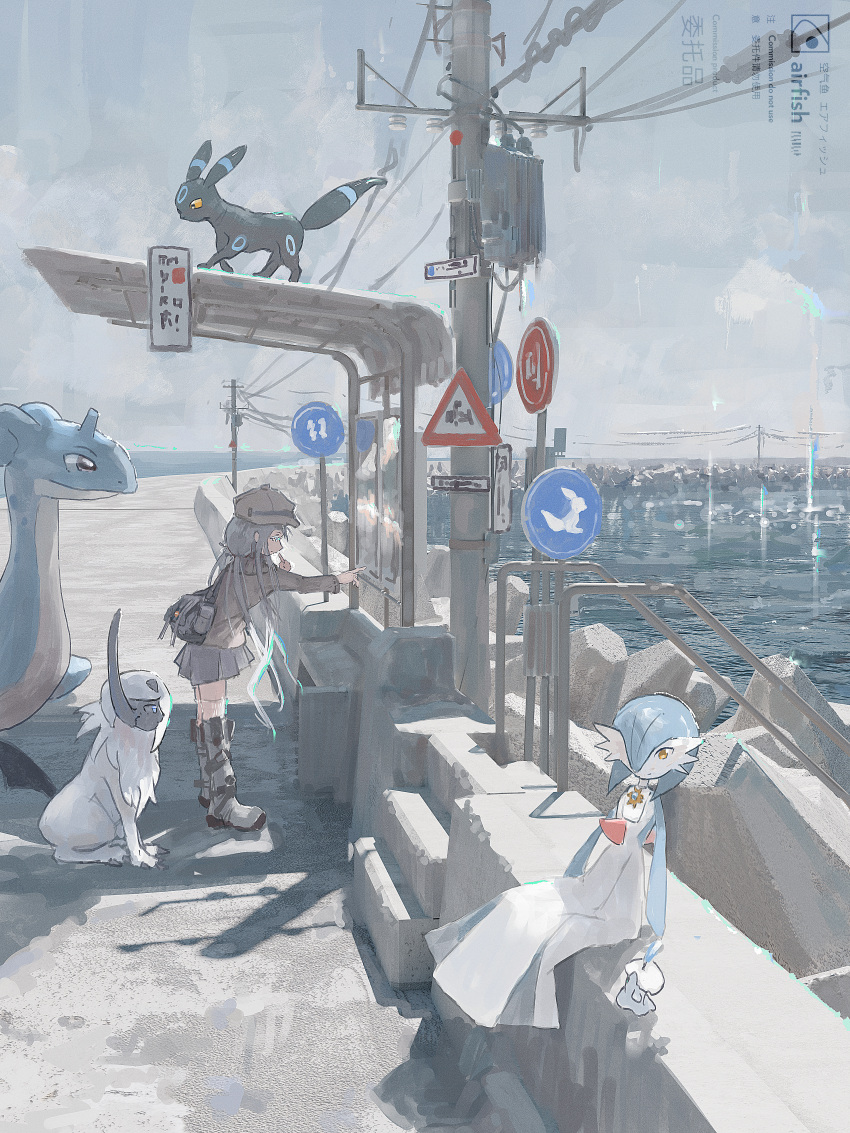 1girl absol absurdres artist_name backpack bag blue_hair boots bus_stop bus_stop_sign chinese_commentary closed_mouth day dress gardevoir grey_footwear grey_jacket hair_over_one_eye hat highres jacket lapras lefko_d long_hair long_sleeves looking_at_viewer ocean original outdoors pointing pointing_forward pokemon pokemon_(creature) power_lines profile railing sign sitting sky stairs standing stone_stairs umbreon utility_pole watermark white_dress