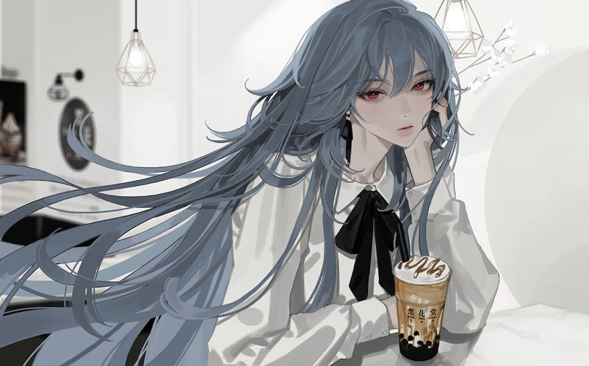 1girl casual commentary_request eriol_s2 fashion fu_hua fu_hua_(herrscher_of_sentience) grey_hair hair_between_eyes hand_on_own_cheek hand_on_own_face highres honkai_(series) honkai_impact_3rd indoors lipstick long_hair long_sleeves looking_at_viewer makeup milk_tea nose official_alternate_costume official_art red_eyes redhead solo table upper_body