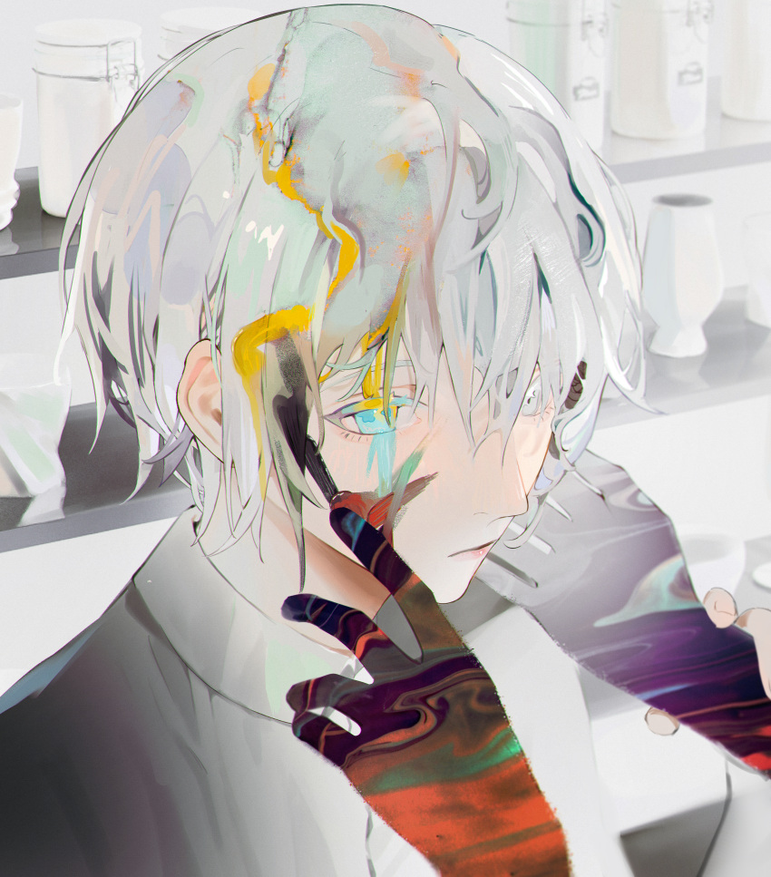 1boy 1other absurdres blue_eyes blurry bottle closed_mouth colored_skin depth_of_field expressionless finger_to_another's_cheek glass grey_shirt hair_over_one_eye hand_on_another's_cheek hand_on_another's_face heterochromia highres jar looking_at_viewer male_focus melting multicolored_hair multicolored_skin original parai0 shelf shirt short_hair upper_body white_eyes white_hair