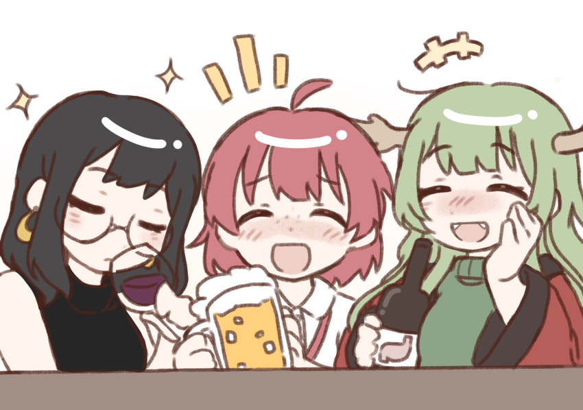 +++ 3girls ahoge alcohol babel_(utau) beer beer_mug black_hair black_sweater blush bottle cai_(cabbage_0j0) closed_eyes crescent crescent_earrings cup daijoyuu-san_(synthesizer_v) dragon_horns drinking drunk earrings facing_viewer fangs freckles furrowed_brow glasses green_hair green_sweater hand_on_own_cheek hand_on_own_face hand_up highres holding holding_bottle horns jewelry laughing long_sleeves medium_hair mug multiple_girls notice_lines raised_eyebrows redhead round_eyewear shirt simple_background sleeveless sleeveless_sweater smile songover sparkle sweater synthesizer_v turtleneck turtleneck_sweater upper_body utau voisona white_background white_shirt yumemiru_uroko_(voisona)