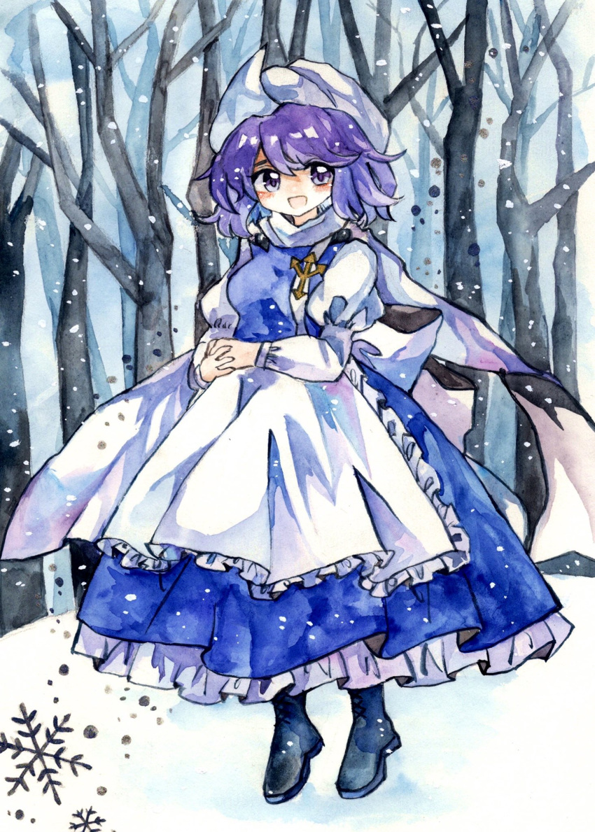 1girl apron bare_tree black_footwear blue_dress boots day dress frilled_apron frills full_body highres juliet_sleeves key747h letty_whiterock long_sleeves looking_at_viewer open_mouth outdoors own_hands_together painting_(medium) puffy_sleeves purple_hair scarf short_hair smile snow snowflakes snowing solo standing touhou traditional_media tree violet_eyes waist_apron watercolor_(medium) white_apron white_headwear white_scarf winter