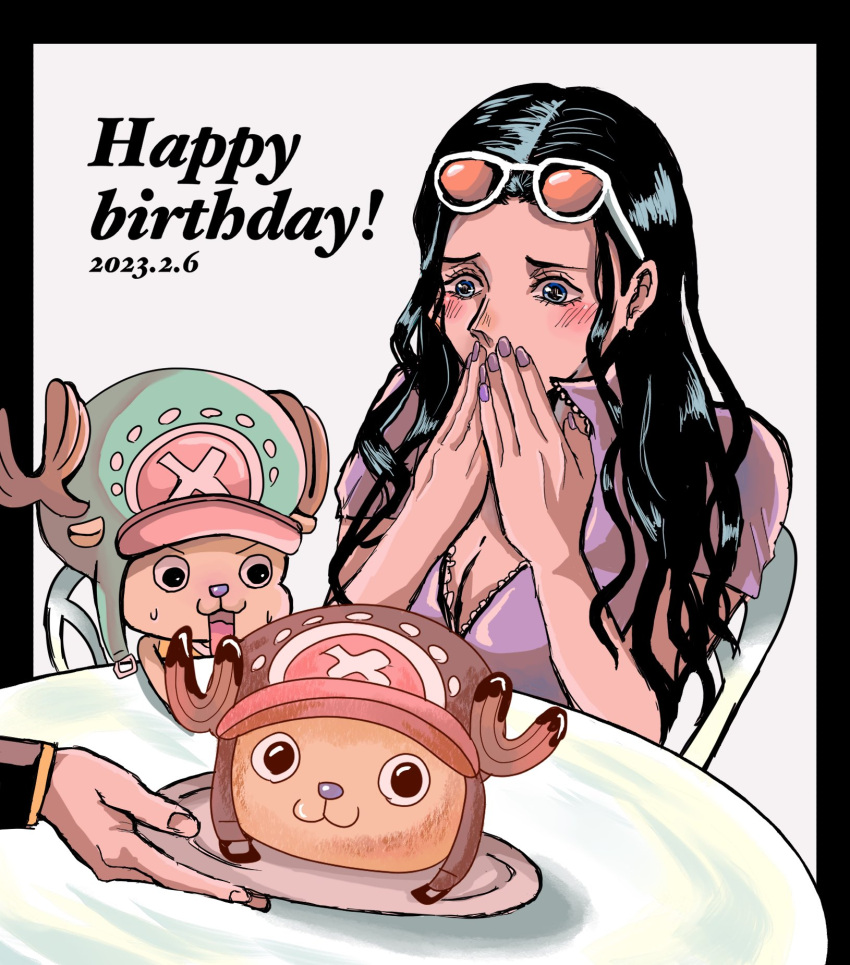 1girl 2boys antlers black_border black_hair blue_eyes blush border cake commentary_request dated eyewear_on_head food happy_birthday hat highres horns long_hair looking_down multiple_boys nico_robin one_piece plate ponzu_three2 purple_nails reindeer_antlers sanji_(one_piece) simple_background sitting sweatdrop table tony_tony_chopper white_background