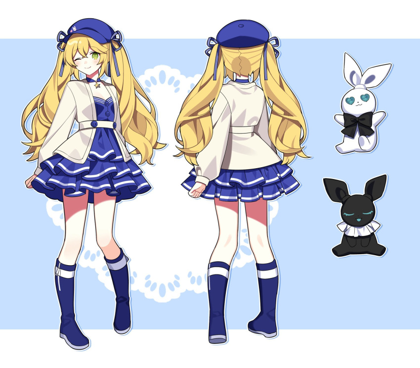 1girl blonde_hair blue_background blue_dress blue_footwear blue_headwear boots commentary dokibird_(vtuber) dress english_commentary facing_away green_eyes hat highres indie_virtual_youtuber jacket knee_boots layered_dress letterboxed one_eye_closed reference_sheet second-party_source simple_background stuffed_animal stuffed_rabbit stuffed_toy twintails virtual_youtuber waka_(wk4444) white_jacket