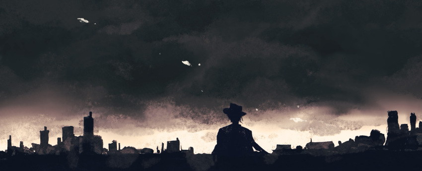 1boy absurdres building ccccl. chinese_commentary city cityscape clouds cloudy_sky commentary fedora hat highres limited_palette male_focus mr._fox_(path_to_nowhere) outdoors path_to_nowhere raincloud silhouette sky skyscraper solo sunrise upper_body