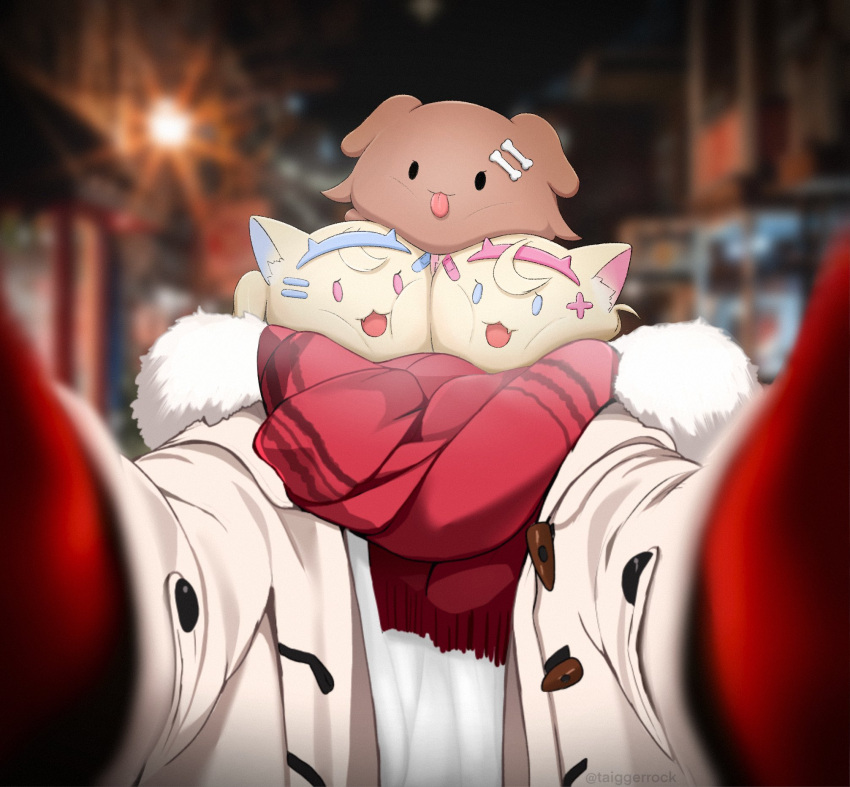 animal_focus blurry blurry_background cheek-to-cheek closed_mouth coat coco_(taiggerrock) commentary duffel_coat english_commentary fur-trimmed_coat fur_trim fuwawa_abyssgard gloves heads_together highres hololive hololive_english inugami_korone long_sleeves looking_at_viewer meme mococo_abyssgard no_humans open_clothes open_coat open_mouth outdoors outstretched_arms photo_background pov pov_cheek_warming_(meme) reaching reaching_towards_viewer red_gloves red_scarf scarf smile tongue tongue_out virtual_youtuber white_coat winter_clothes winter_coat