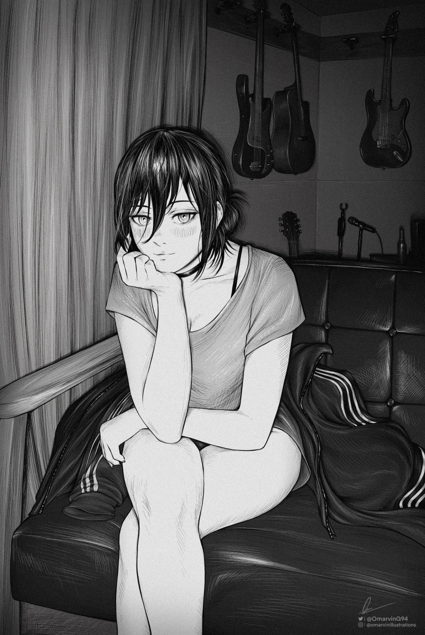 1girl absurdres black_choker black_hair blush chainsaw_man choker couch greyscale guitar hair_between_eyes hands_on_own_thighs highres instagram_logo instagram_username instrument looking_at_viewer marvin_(omarvin) medium_hair monochrome on_couch reze_(chainsaw_man) shirt signature sitting solo twitter_username
