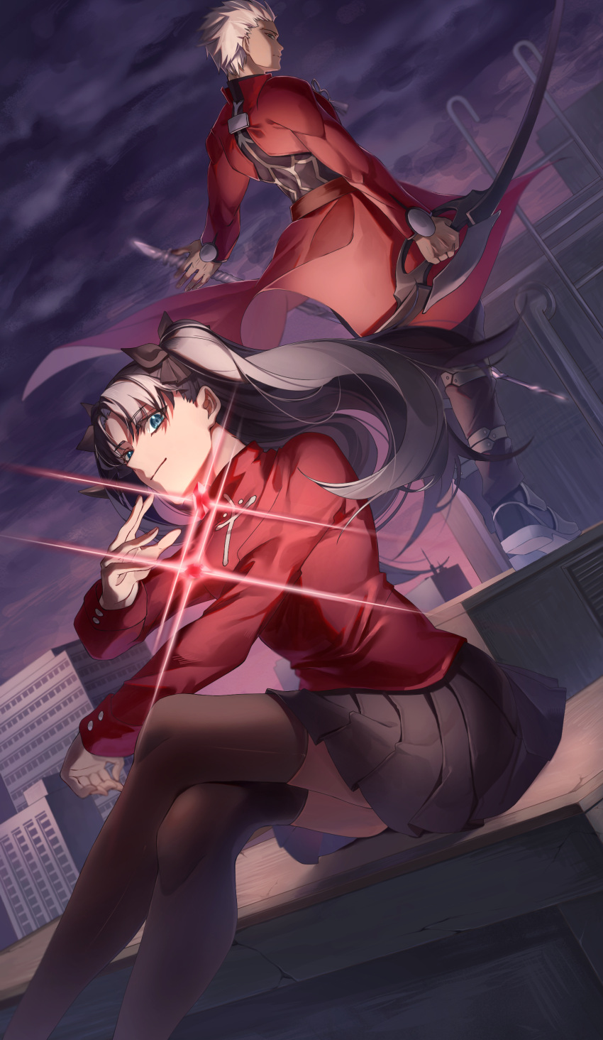1boy 1girl absurdres aqua_eyes archer_(fate) arrow_(projectile) black_hair black_pants black_ribbon black_skirt black_thighhighs bow_(weapon) cityscape closed_mouth clouds cloudy_sky commentary cross_print crossed_legs dark-skinned_male dark_skin dutch_angle expressionless fate/stay_night fate_(series) feet_out_of_frame floating_hair gem grey_hair hair_ribbon highres holding holding_arrow holding_bow_(weapon) holding_weapon ina_(rimuna_1228) long_hair long_sleeves looking_at_viewer looking_back miniskirt night on_roof outdoors pants pleated_skirt profile red_gemstone red_shirt red_sweater ribbon shirt short_hair skirt sky smile sweater thigh-highs tohsaka_rin turtleneck turtleneck_sweater two_side_up weapon zettai_ryouiki
