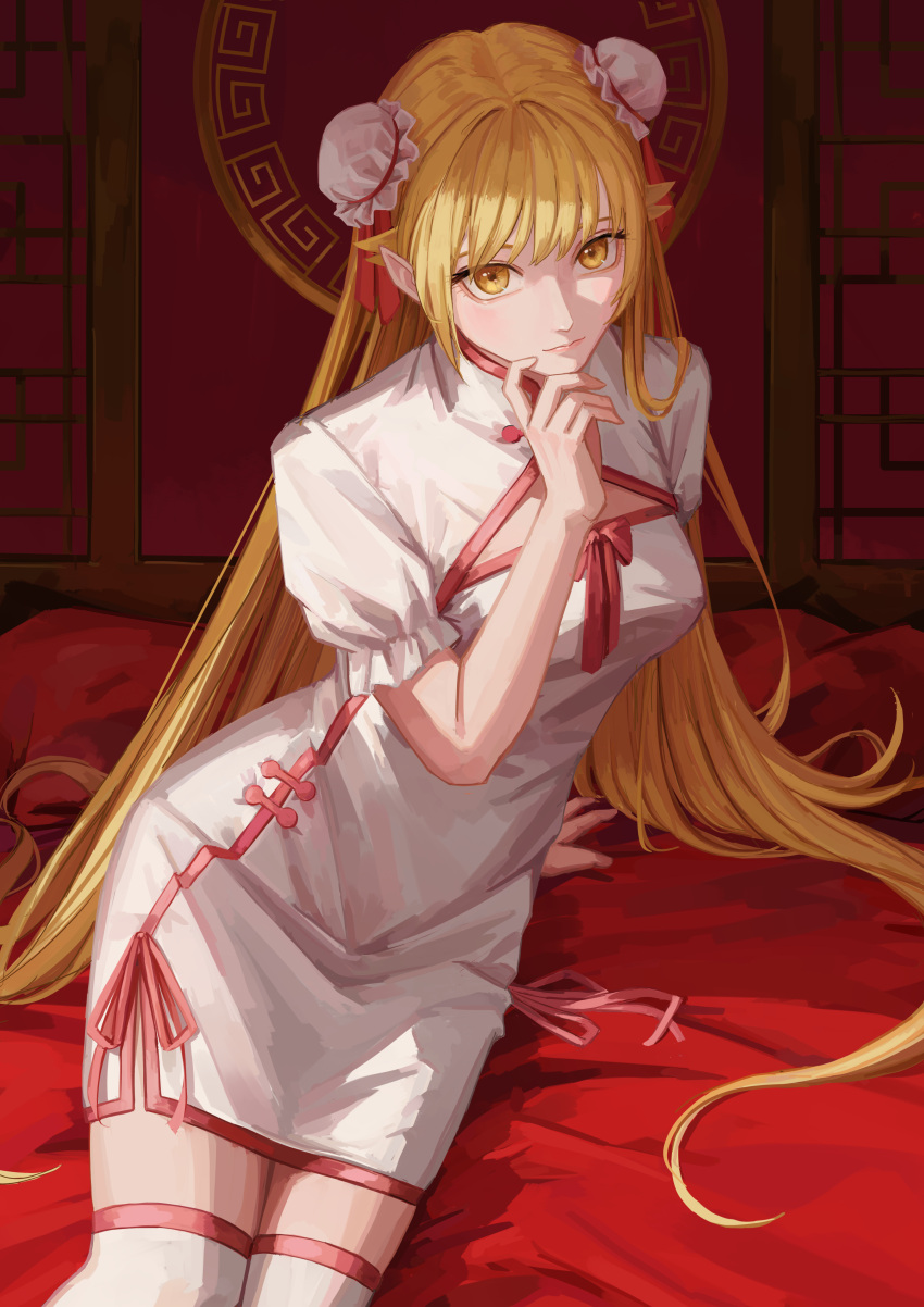1girl absurdres arm_support blonde_hair bun_cover china_dress chinese_clothes closed_mouth dress highres long_hair looking_at_viewer monogatari_(series) nemo_ringo oshino_shinobu pointy_ears solo thigh-highs white_dress white_thighhighs yellow_eyes