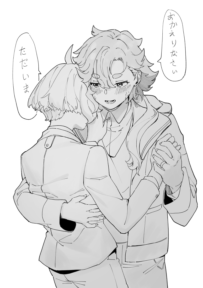 absurdres ahoge blush greyscale gundam gundam_suisei_no_majo hand_on_another's_back hand_on_another's_shoulder highres holding_hands hug jacket jewelry joker_(jjjokerrr233) long_sleeves miorine_rembran monochrome pants parted_lips ring scar scar_on_face short_hair smile speech_bubble suletta_mercury thick_eyebrows translation_request wedding_ring wife_and_wife yuri