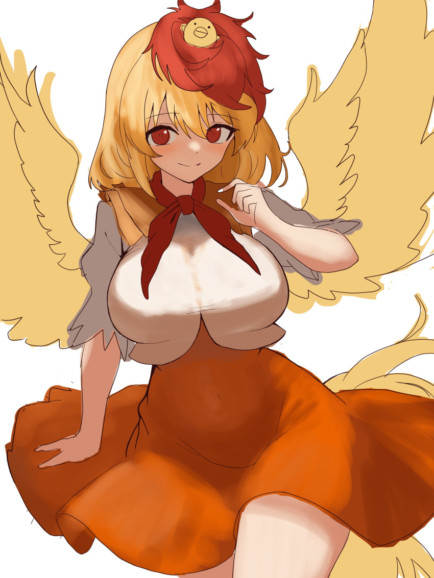 1girl absurdres animal animal_on_head bird bird_on_head bird_tail bird_wings blonde_hair breasts brown_dress chick chicken covered_navel cowboy_shot dress feathered_wings hair_between_eyes hand_up highres large_breasts looking_at_viewer medium_hair moriforest1040 multicolored_hair neckerchief niwatari_kutaka on_head orange_dress pinching red_eyes red_neckerchief redhead simple_background smile solo tail thick_thighs thighs touhou two-tone_hair white_background wings yellow_wings