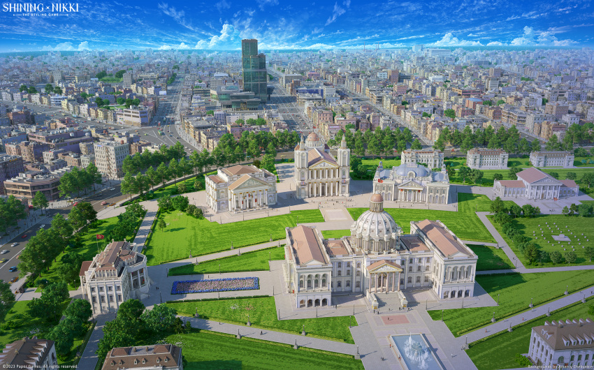 3d arsenixc blue_sky building car city cityscape clouds day flag fountain grass highres horizon mixed-language_commentary motor_vehicle official_art outdoors road scenery shining_nikki sky skyscraper street tree watermark window