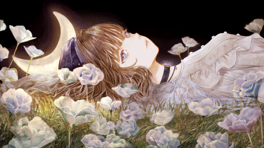 1girl absurdres black_background black_choker breasts brooch brown_hair buttons choker closed_mouth crescent_moon flower frilled_shirt frills from_side glowing glowing_jewelry grass highres jewelry long_hair looking_at_viewer looking_to_the_side lying moon necklace night on_back on_grass original outdoors purple_hair shirone_(coxo_ii) shirt small_breasts solo upper_body violet_eyes white_flower white_shirt