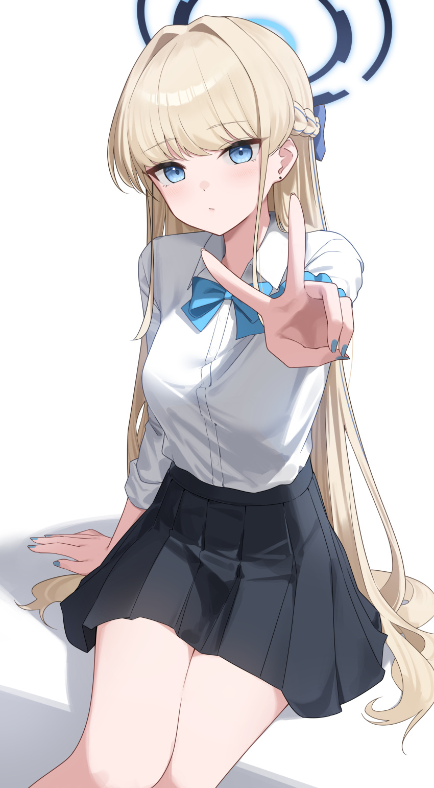 1girl absurdres black_skirt blonde_hair blue_archive blue_bow blue_bowtie blue_eyes blue_hair blue_halo blue_nails blush bow bowtie braid breasts buttons closed_mouth collared_shirt enpik feet_out_of_frame fingernails halo highres long_hair long_sleeves looking_at_viewer medium_breasts multicolored_hair nail_polish pleated_skirt school_uniform shirt short_sleeves simple_background sitting skirt solo streaked_hair toki_(blue_archive) v white_background white_shirt
