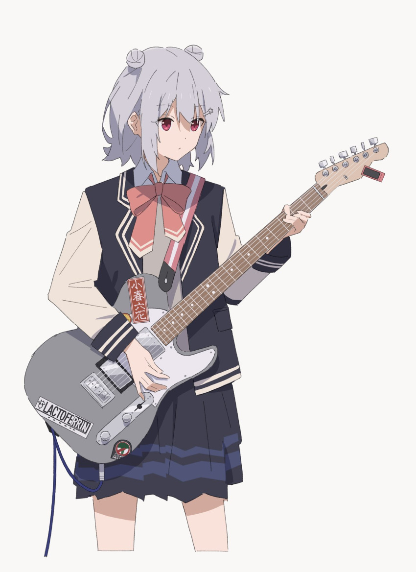 1girl black_skirt black_vest bow bowtie cevio closed_mouth cropped_legs dot_nose double_bun electric_guitar grey_background grey_hair grey_sweater guitar hair_bun hair_ornament hairclip hand_up highres holding holding_guitar holding_instrument instrument koharu_rikka long_sleeves looking_at_viewer minatsuki_(m1natsuk1) pink_bow pink_bowtie pleated_skirt red_eyes school_uniform shirt short_hair sidelocks simple_background skirt solo sticker strap sweater synthesizer_v vest white_shirt