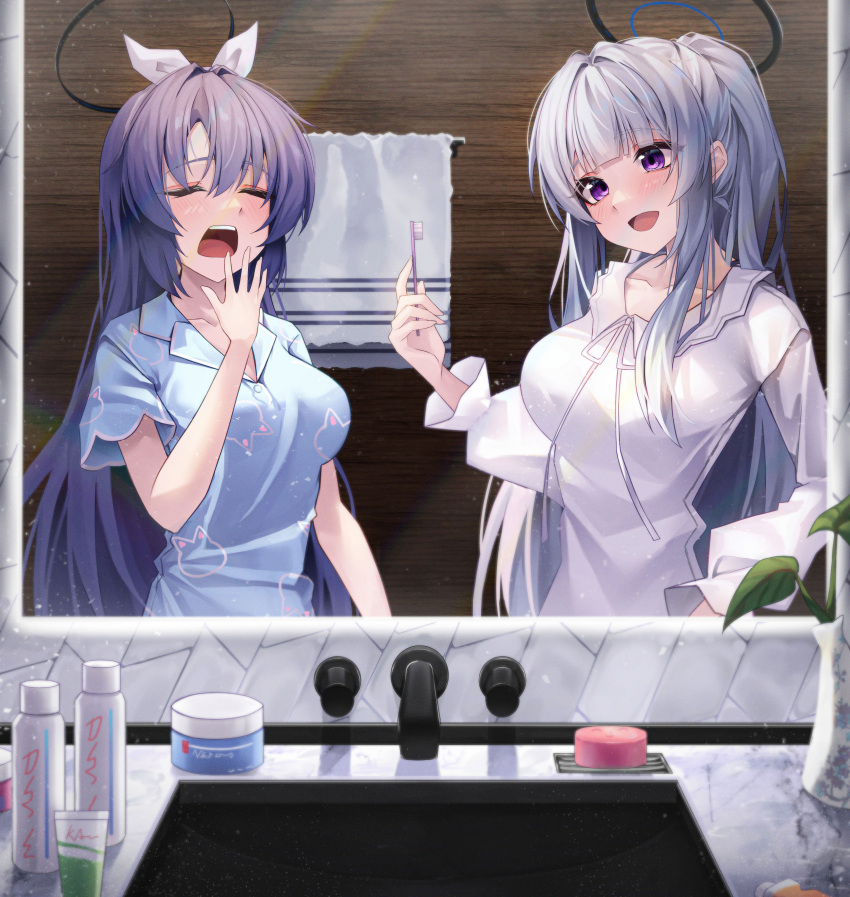 2girls absurdres blue_archive blue_pajamas blush breasts closed_eyes grey_hair halo hidel highres holding holding_toothbrush large_breasts long_hair long_sleeves mechanical_halo mirror multiple_girls noa_(blue_archive) official_alternate_costume open_mouth pajamas purple_hair smile soap toothbrush towel violet_eyes white_pajamas yuuka_(blue_archive)