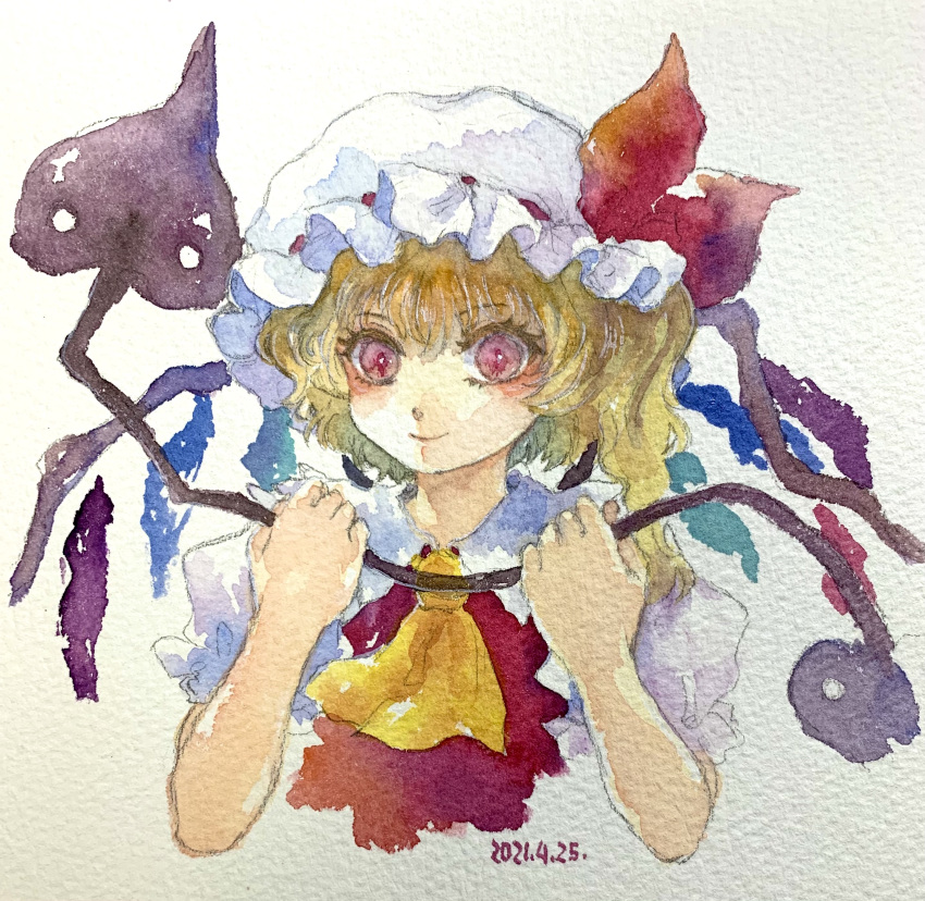 1girl absurdres ascot blonde_hair closed_mouth collared_shirt cropped_torso dated flandre_scarlet hat highres holding holding_polearm holding_weapon laevatein_(touhou) looking_at_viewer medium_hair mob_cap one-hour_drawing_challenge one_side_up painting_(medium) polearm puffy_short_sleeves puffy_sleeves red_eyes red_ribbon red_vest ribbon ribbon-trimmed_headwear ribbon_trim shiroma_(mamiko) shirt short_sleeves simple_background solo touhou traditional_media upper_body vest watercolor_(medium) weapon white_background white_shirt yellow_ascot